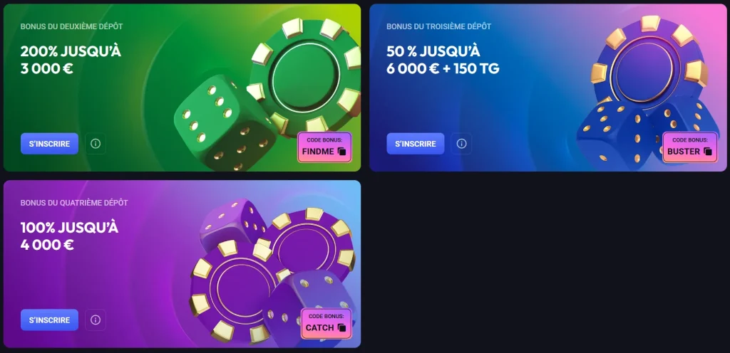 Spinaura Casino bonus du deuxième, troisième et quatrième dépôt avec codes promotionnels