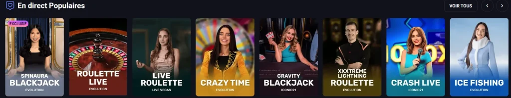 Spinaura Casino sélection de jeux live populaires avec blackjack, roulette et Crazy Time
