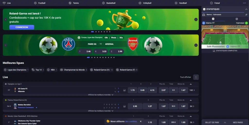Spinaura Casino interface de paris sportifs avec matchs en direct et statistiques live