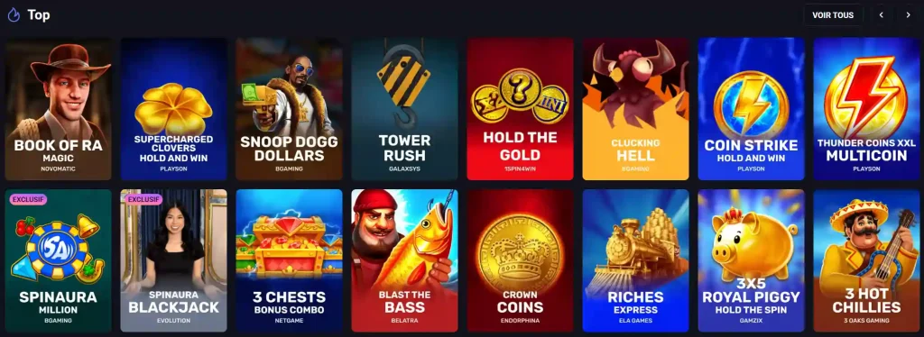Spinaura Casino sélection de jeux populaires avec machines à sous et blackjack live