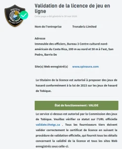 Spinaura Casino validation de licence avec statut actif de la Tobique Gaming Commission